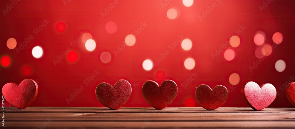 Poster a copy space image featuring wooden hearts against a shiny red background is the perfect representat