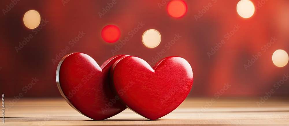 Poster a copy space image featuring wooden hearts against a shiny red background is the perfect representat