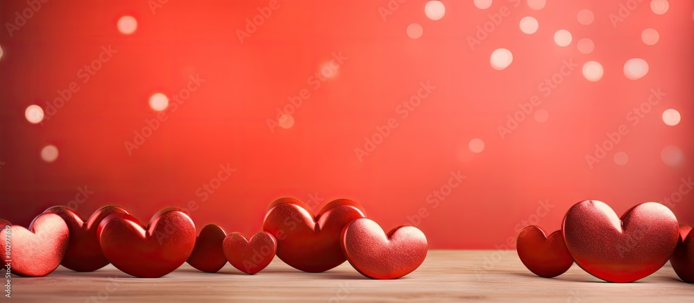 Poster a copy space image featuring wooden hearts against a shiny red background is the perfect representat