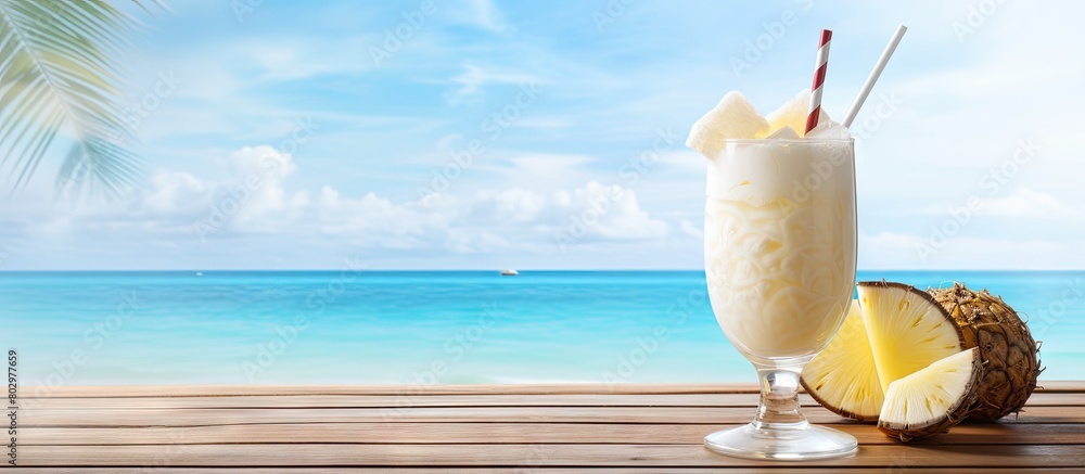 Poster a delicious pina colada cocktail placed on a wooden table with the mesmerizing ocean backdrop provid