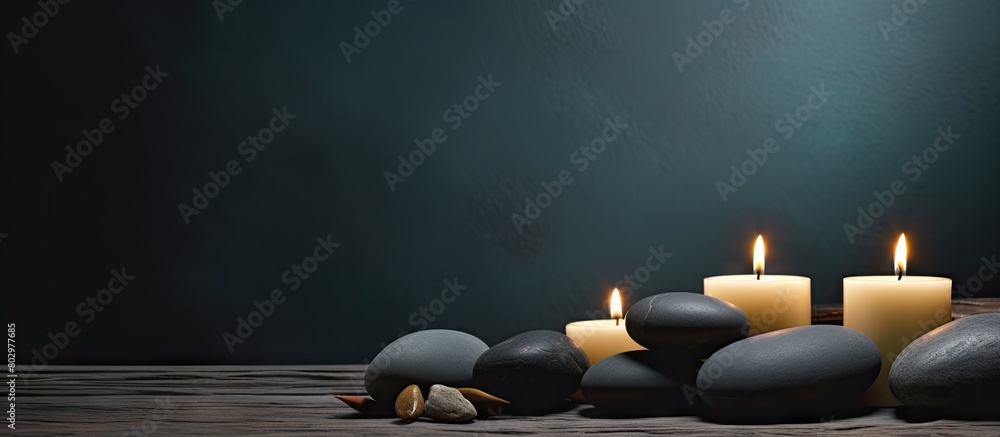 Poster a dark table with burning candles spa stones and ample copy space for text