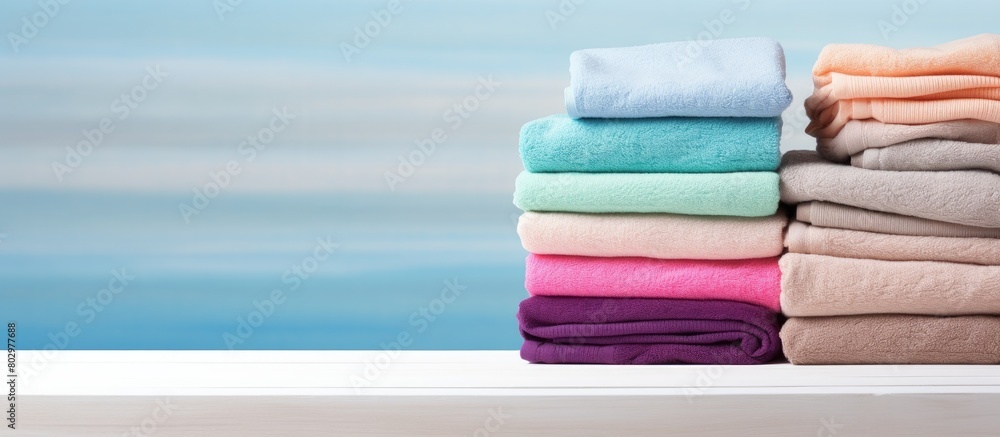Poster a creative arrangement of fresh towels on a white wooden table creating a captivating copy space ima