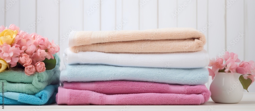 Poster a creative arrangement of fresh towels on a white wooden table creating a captivating copy space ima