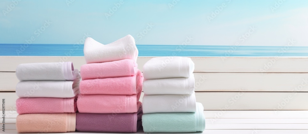 Poster A creative arrangement of fresh towels on a white wooden table creating a captivating copy space image