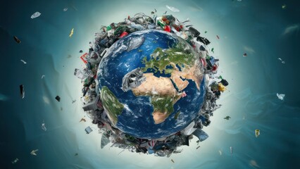 Fototapeta premium Trash Planet Illustration of Earth Drowning in Litter, Garbage, and Plastic Pollution