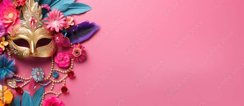 Aufkleber a colorful flat lay arrangement featuring carnival items on a pink background with ample space for t