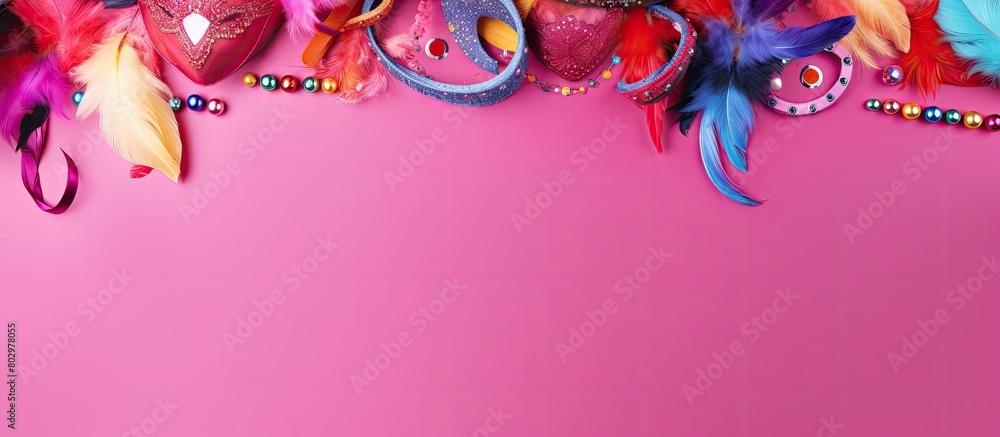 Poster a colorful flat lay arrangement featuring carnival items on a pink background with ample space for t