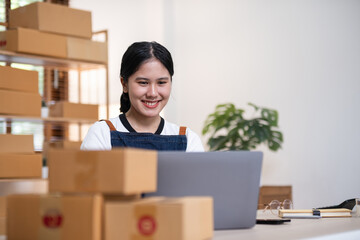 Young woman, small business owner selling products online, accepting online product orders via laptop, sits in a room with boxes of products.