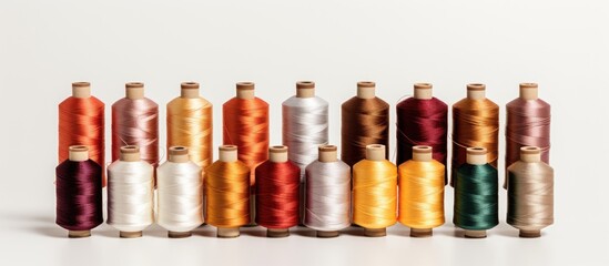 A composition of sewing spools and needles set against a white backdrop with authentic shadows for added depth and dimension Copy space image