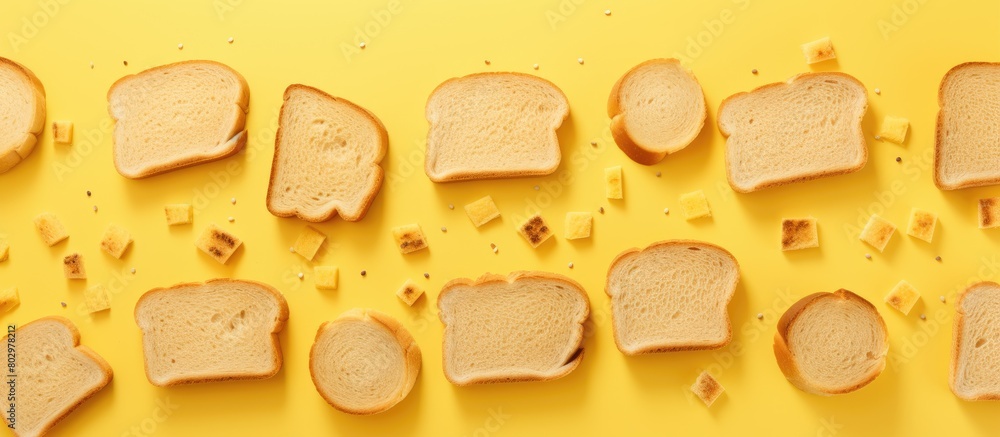 Poster a breakfast themed copy space image showcasing a vibrant yellow background adorned with multiple sli