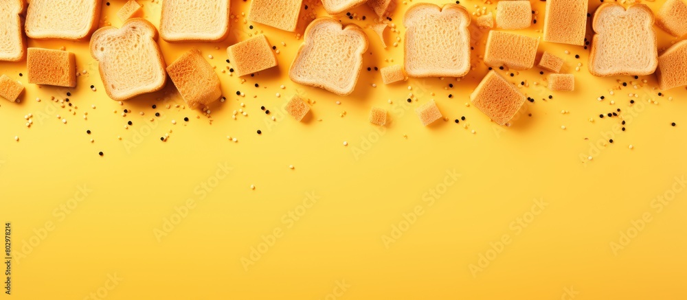 Poster A breakfast themed copy space image showcasing a vibrant yellow background adorned with multiple slices of toasted bread observed from a top down perspective