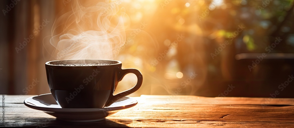 Poster A black coffee cup sits on a table with a stream of sunlight shining down on it creating a vibrant and inviting ambiance. with copy space image. Place for adding text or design