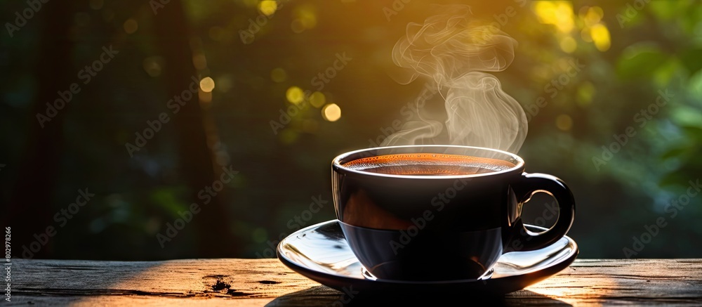 Aufkleber A black coffee cup sits on a table with a stream of sunlight shining down on it creating a vibrant and inviting ambiance. with copy space image. Place for adding text or design