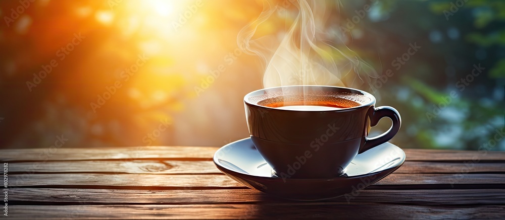 Fototapete A black coffee cup sits on a table with a stream of sunlight shining down on it creating a vibrant and inviting ambiance. with copy space image. Place for adding text or design