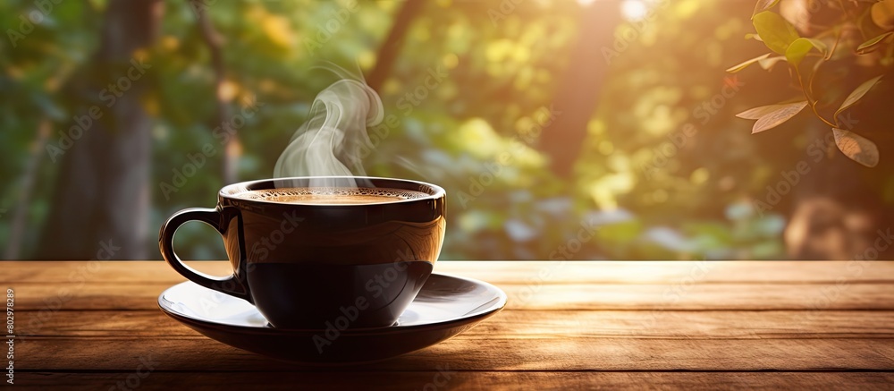 Poster A black coffee cup sits on a table with a stream of sunlight shining down on it creating a vibrant and inviting ambiance. with copy space image. Place for adding text or design