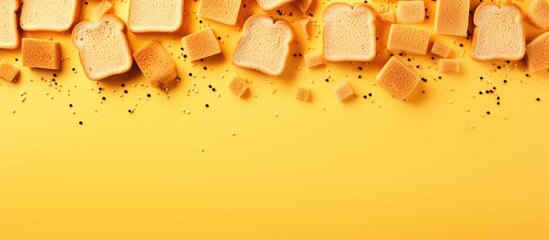 A breakfast themed copy space image showcasing a vibrant yellow background adorned with multiple slices of toasted bread observed from a top down perspective - Powered by Adobe