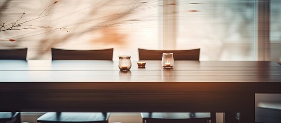 A blurry dining room forms the background of the image with a table top in focus copy space image