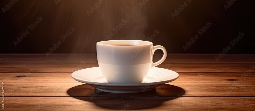 Poster a copy space image of a white porcelain cup with hot coffee on a saucer is placed on a small round t