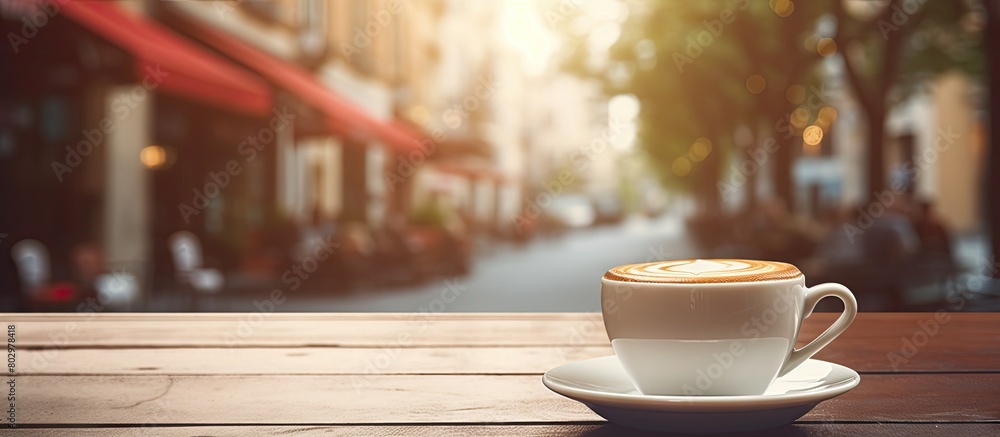 Poster A cup of coffee sits on a table against a blurred cafe background creating a copy space image