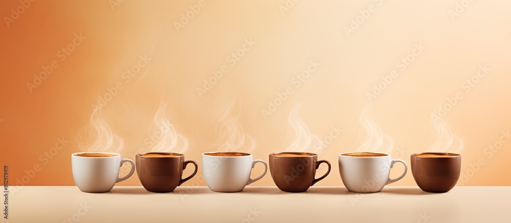Poster a copy space image featuring multiple cups of steaming hot coffee against a neutral beige backdrop
