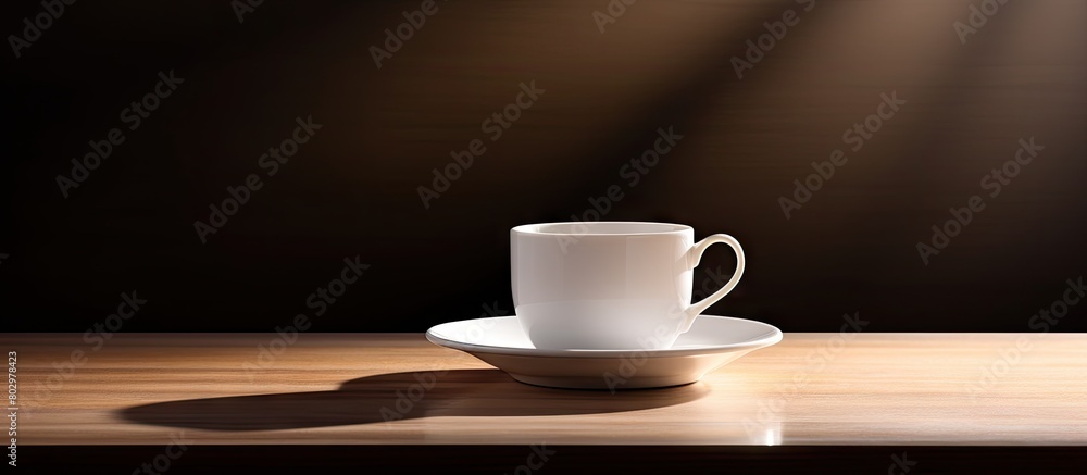 Poster a copy space image of a white porcelain cup with hot coffee on a saucer is placed on a small round t