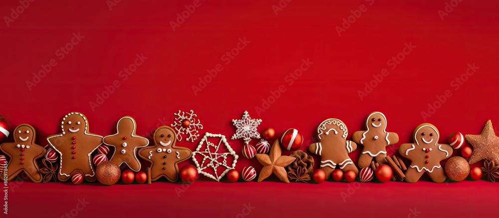 Poster a copy space image featuring christmas gingerbreads displayed on a vibrant red background