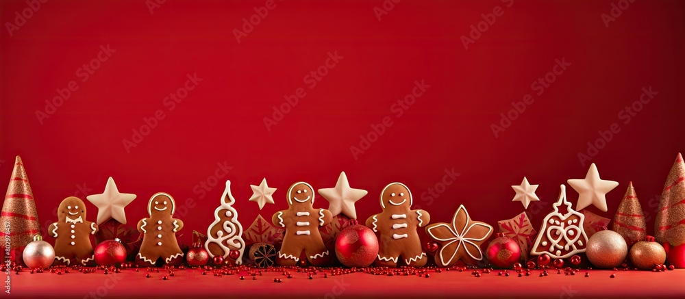 Poster a copy space image featuring christmas gingerbreads displayed on a vibrant red background