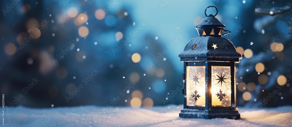 Poster a christmas lantern adorned with decorations and surrounded by snow set against a bokeh background w