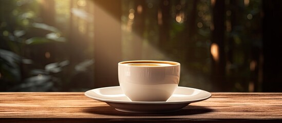 A copy space image of a white porcelain cup with hot coffee on a saucer is placed on a small round table crafted from natural wood illuminated by harsh morning light