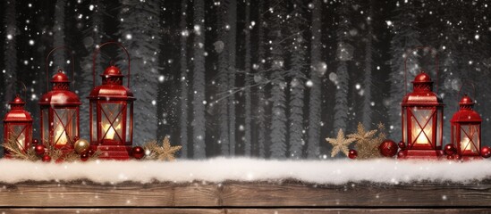 Naklejka premium A copy space image of festive red lanterns Christmas decorations and snow adorning a rustic wooden background
