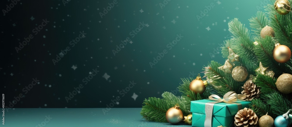 Poster a festive christmas scene with pine tree branches presents and decorations on a green background wit