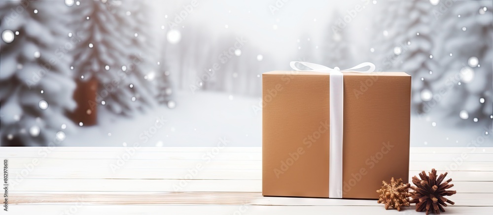 Aufkleber a brown gift box and notebook along with a pencil are placed on a wooden board with a snowy white ba