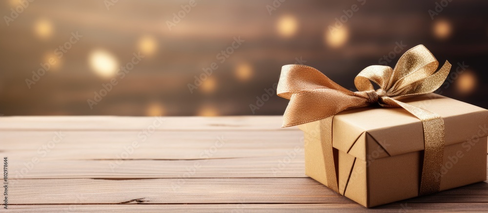 Poster a brown gift box with a ribbon tag and copy space image placed on a wooden background creates an aes