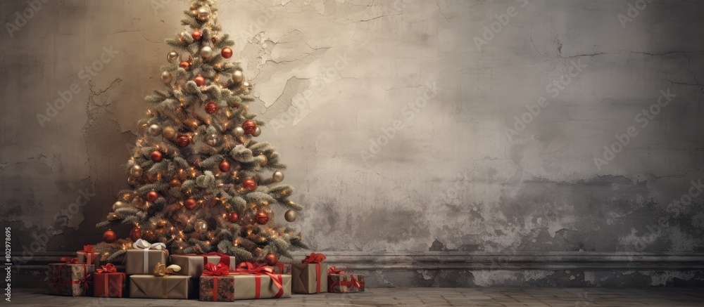 Poster a festive christmas tree adorned with presents stands in a vintage room providing a picturesque back