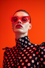 A woman in a red polka dot dress with red sunglasses