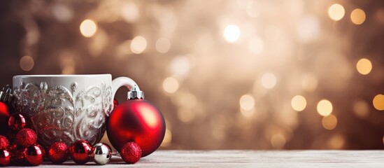 A festive cup holds silver and red Christmas decoration balls set against a background of a Christmas fir tree Copy space image - Powered by Adobe
