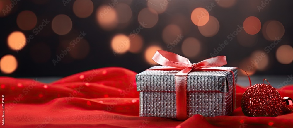 Poster a charming scene of small silver square gift boxes adorns a backdrop of red knitted fabric creating 