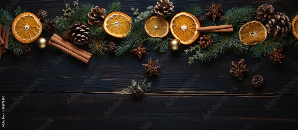 Poster a festive arrangement for christmas featuring a garland made from tree branches cones dried orange s