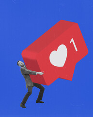 Businessman raising heavy social media like icon against blue background. Contemporary art collage....