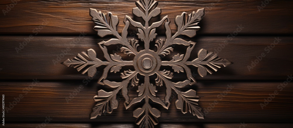 Aufkleber A close up of a snowflake captured against a rustic brown backdrop with ample space around the image for text or other elements