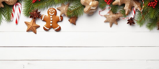 A festive Christmas arrangement with a gift gingerbread man fir branches and candy canes on a white wooden background Seen from above there is plenty of copy space for placement and the objects are a - Powered by Adobe
