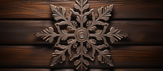 A close up of a snowflake captured against a rustic brown backdrop with ample space around the image for text or other elements