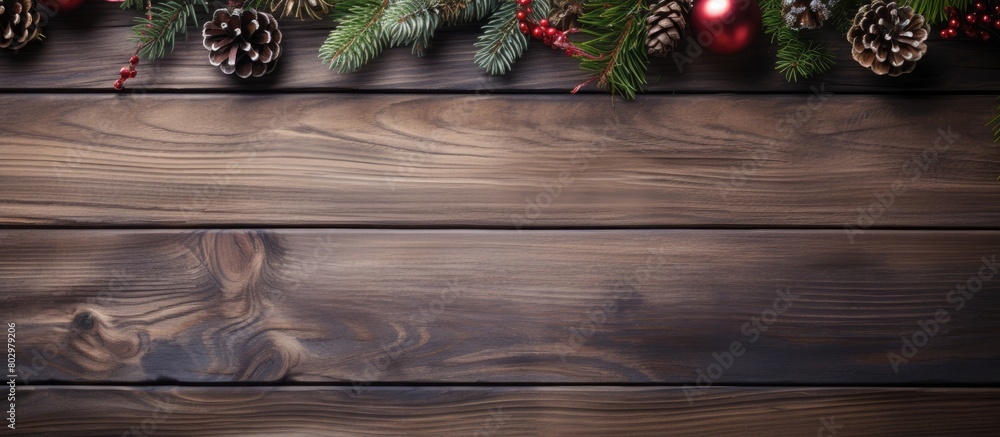 Poster A festive Christmas composition with fir branches and ornaments set against a backdrop of rustic wooden boards perfect for use as a copy space image