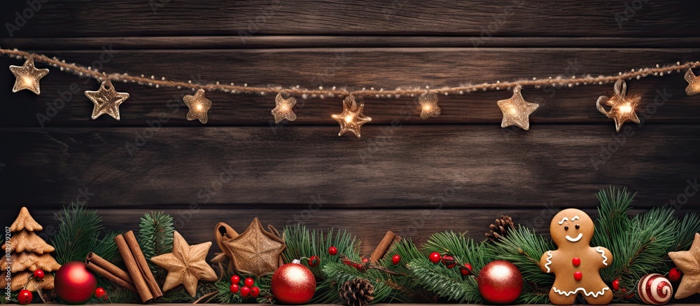 Poster A festive Christmas themed wooden background adorned with delightful gingerbread cookies presents lush fir tree branches and festive decorations Ample space for adding your own content