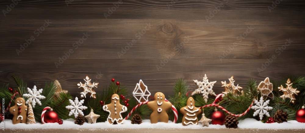 Poster a festive christmas themed wooden background adorned with delightful gingerbread cookies presents lu