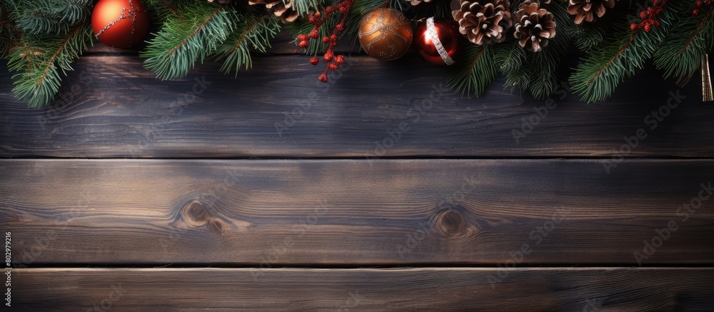 Poster A festive Christmas composition with fir branches and ornaments set against a backdrop of rustic wooden boards perfect for use as a copy space image