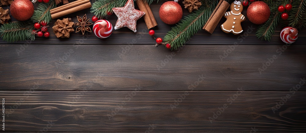Poster A festive Christmas themed wooden background adorned with delightful gingerbread cookies presents lush fir tree branches and festive decorations Ample space for adding your own content