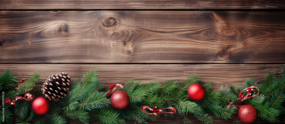Poster A festive Christmas composition with fir branches and ornaments set against a backdrop of rustic wooden boards perfect for use as a copy space image