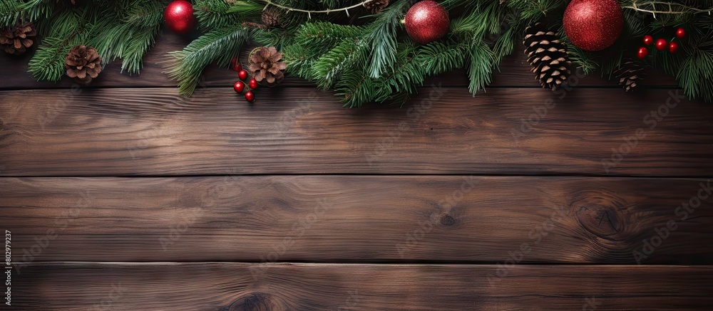 Poster A festive Christmas composition with fir branches and ornaments set against a backdrop of rustic wooden boards perfect for use as a copy space image
