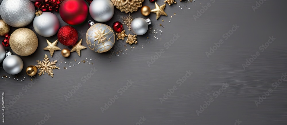 Poster A festive Christmas hat and a collection of baubles create a charming pattern on a gray background adding to the beauty of the image This copy space image showcases the Christmas and New Year concept